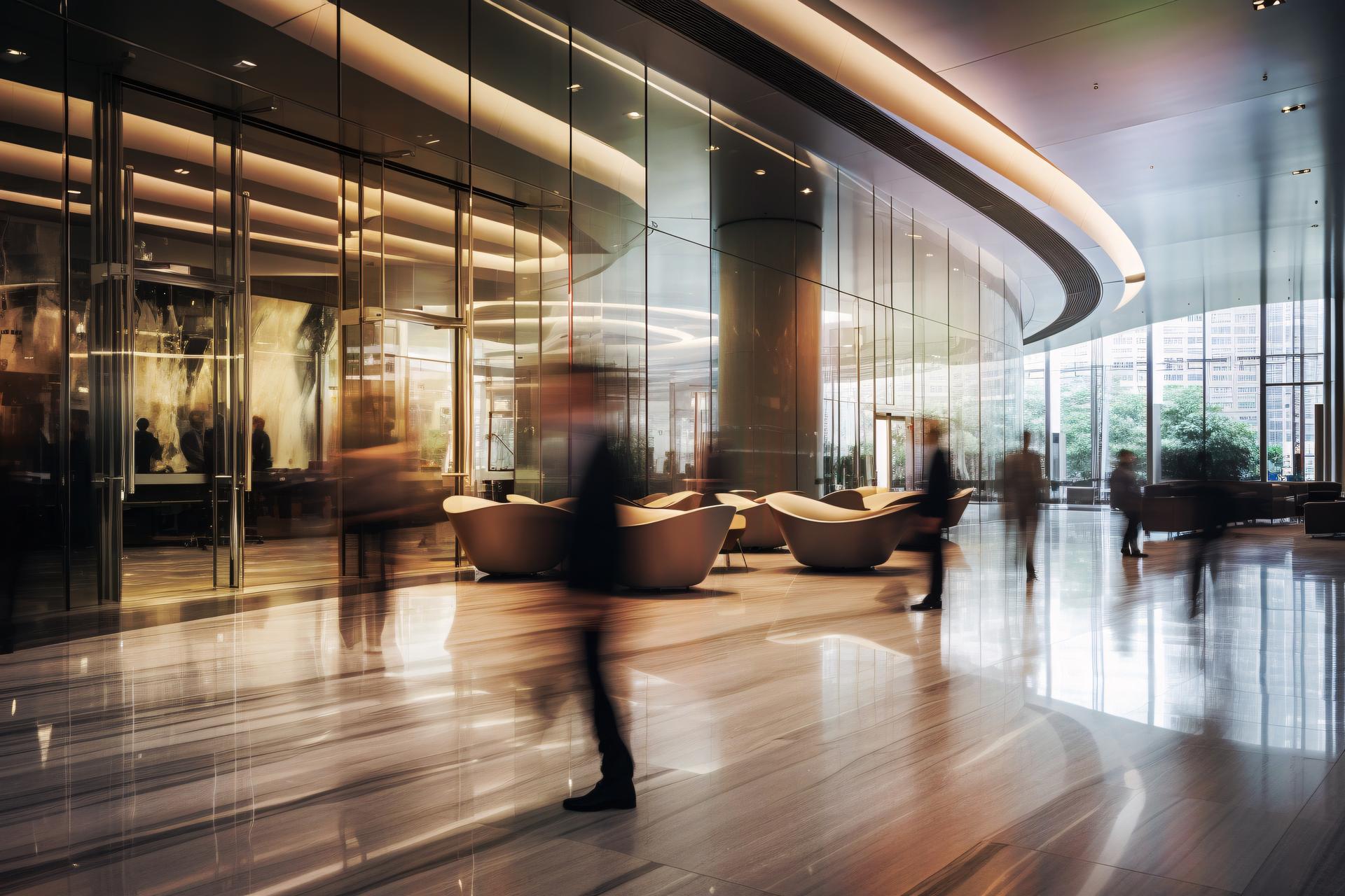 Professional office building lobby with people walking through the lobby in a blur