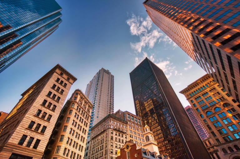 Assortment of tall buildings in an overhead skyline